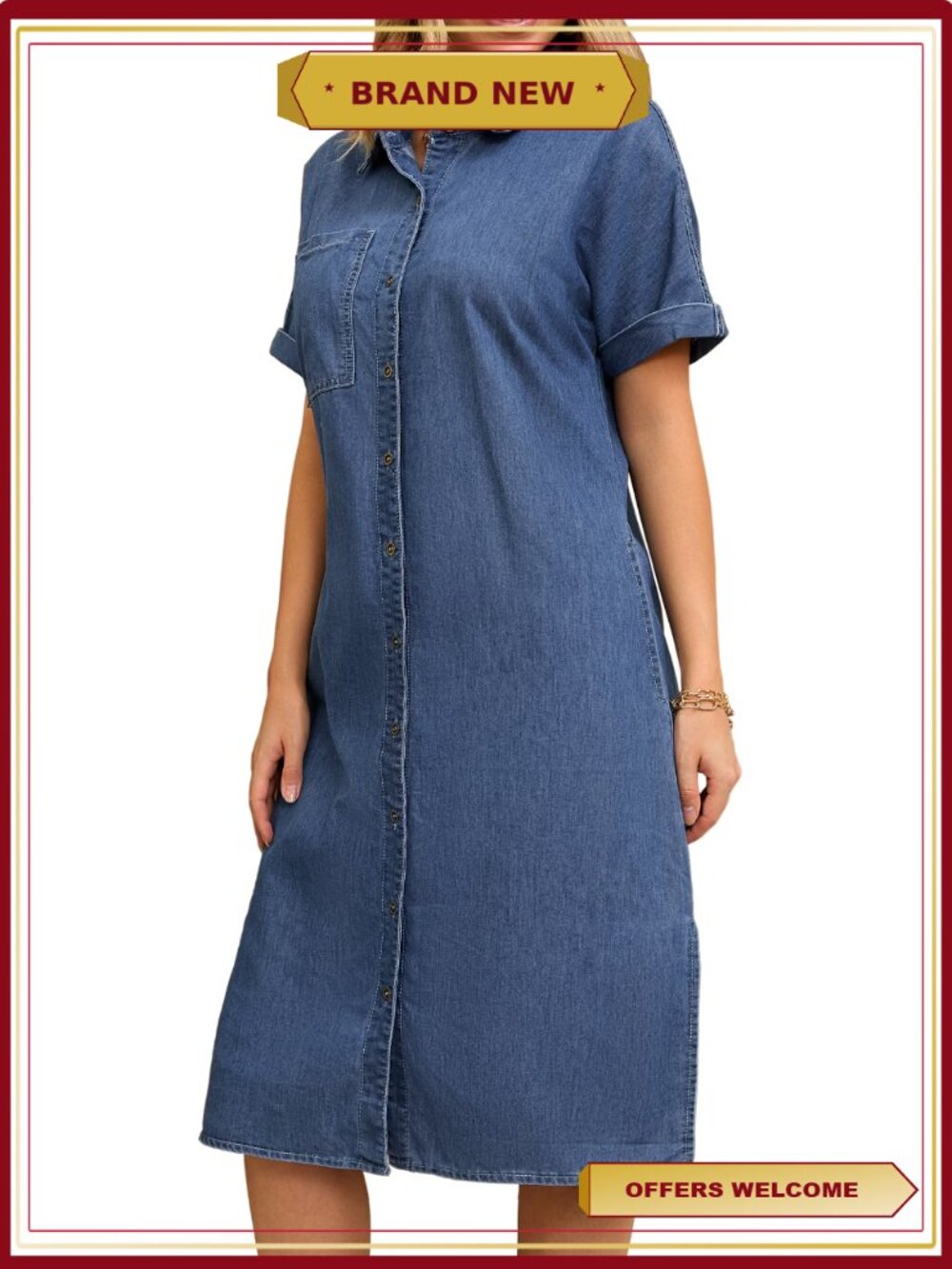 Daring Diva Midi Denim Short Sleeve Button Down Tunic Jean Dress 2XL
